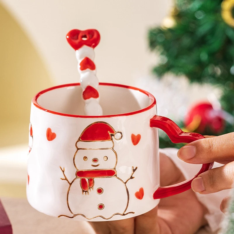 2 Sets Christmas Ceramic Mug & Spoon with Hand-Painted Gingerbread Snowman, 280ml Coffee Water Mug Microwave Safe