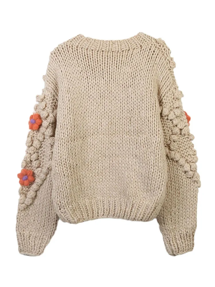 2024 Autumn And Winter Sweater Hand-crocheted Thick Stick Needle Cute Flower Fur Ball Sweet Knitted Coat Sweater Cardigan  C-272