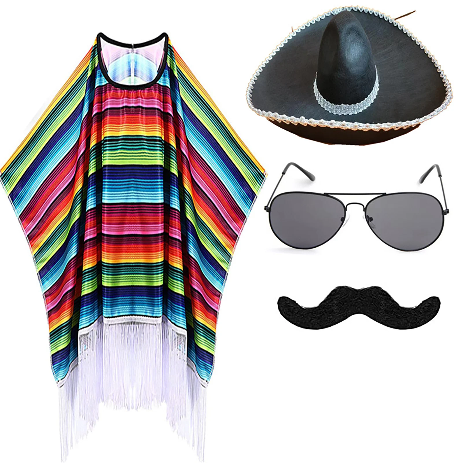 Kid Adult Mexican Costume Colorful Cloak Poncho Sombrero Hat Sunglasses Mustache Set for Mexican Fiesta Halloween Carnival Party