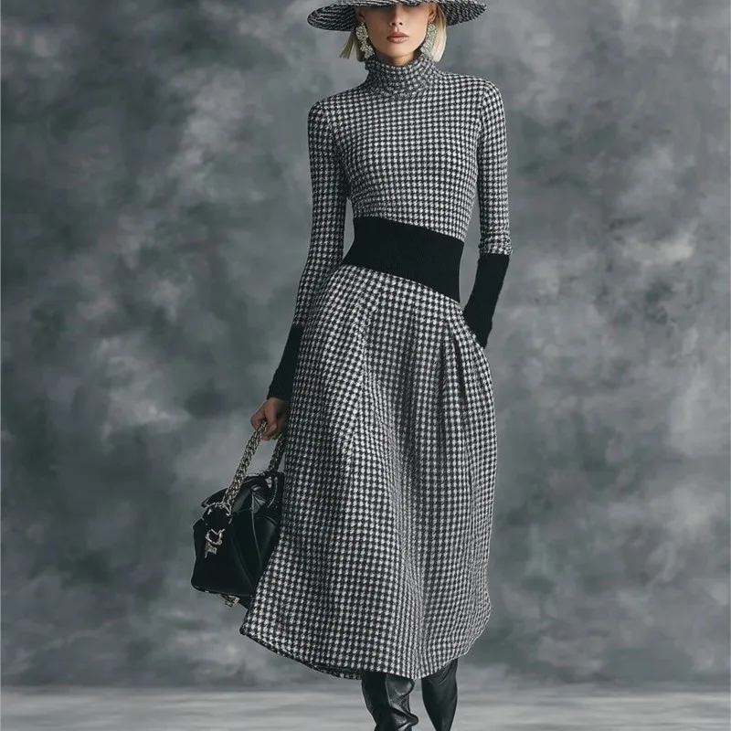 Autumn Winter Houndstooth Turtleneck Long Sleeve Women Dress High Waist A‑Line Elegant Vintage Autumn Office Party Dresses