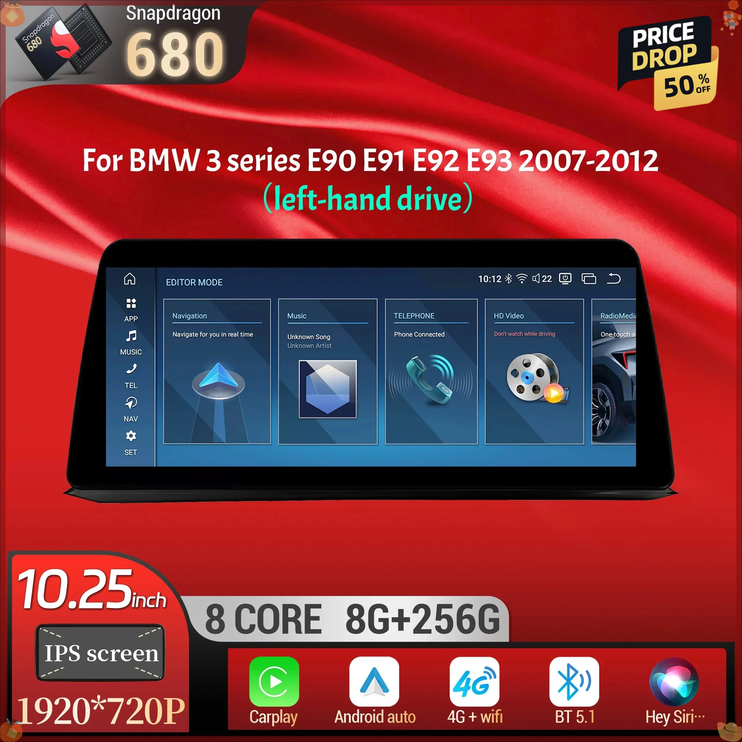 10.25 inch For BMW 3 series E90 E91 E92 E93 2007-2012 Left Hand Drive Android 14 Car Radio Carplay Snapdragon 680 Touch Screen