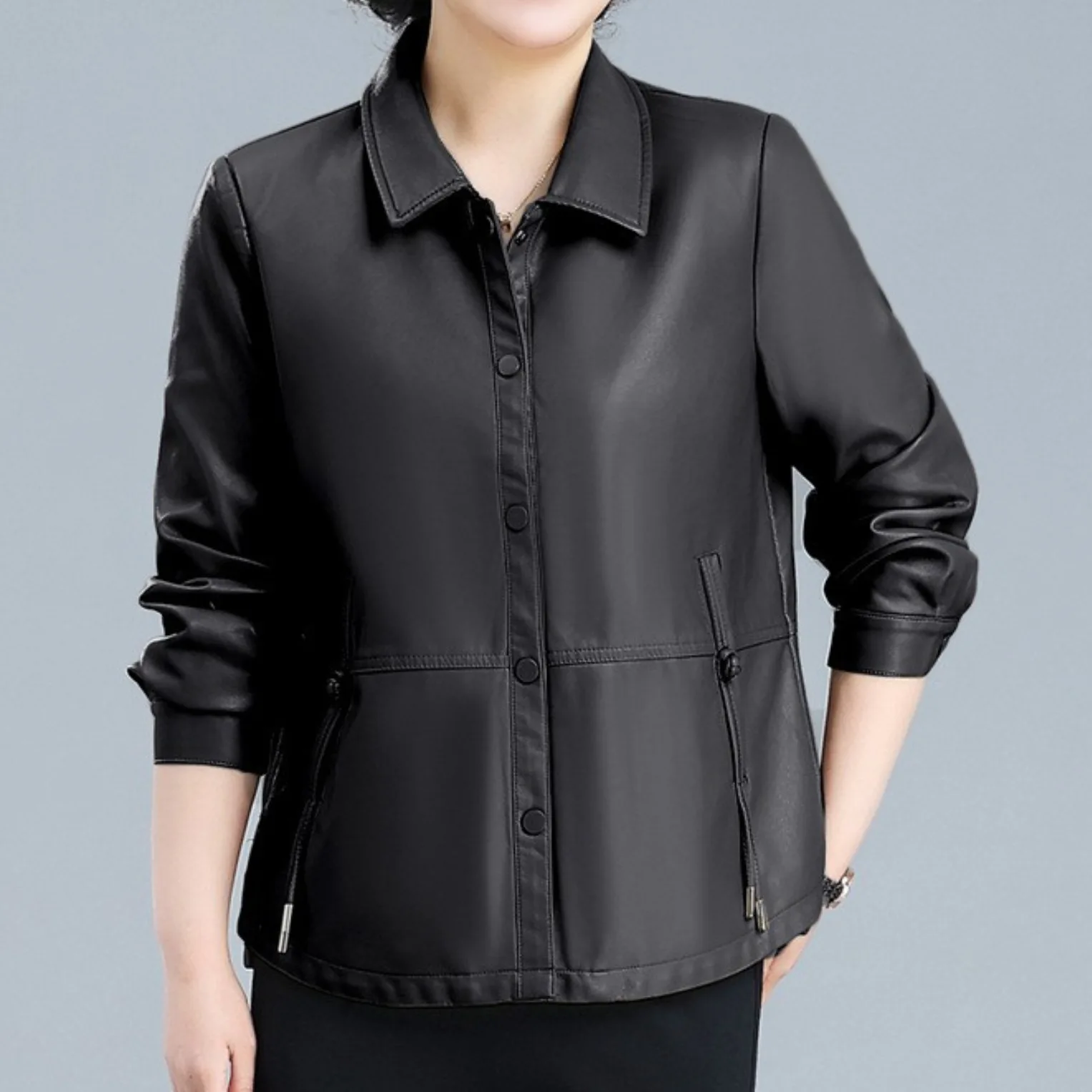 Women's Solid Color Turn-down Collar Single Breasted Side Drawstring Waist Long Sleeve Faux Leather Jacket Comfort Commute Coat