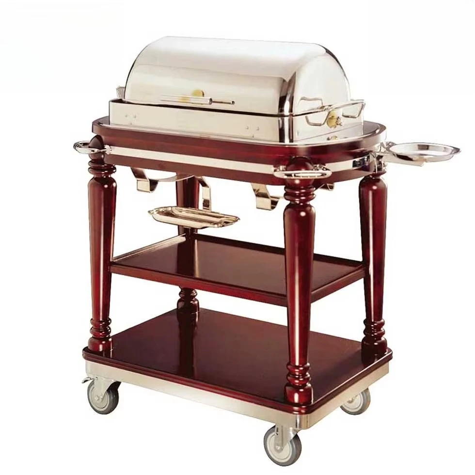 Luxury Electric Round Cutlery Delivery Wooden Restaurant Service Hot Pot Food Heater Wheeled Trolley