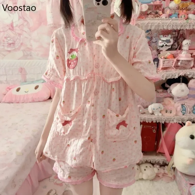 Kawaii Lolita Style Strawberry Embroidery Pajamas Set Girls Cute Short Sleeve Tops Shorts Suit Women Sweet Homewear Pijama Mujer
