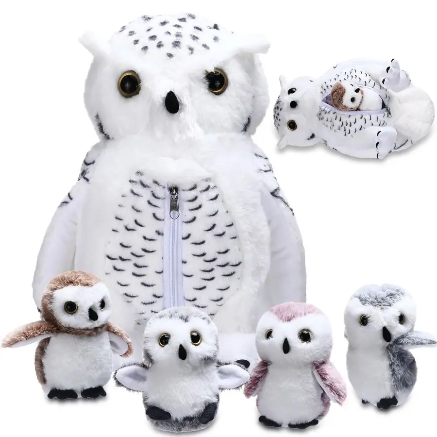 

Набор из 5 плюшевых игрушек-совах: 15,7-дюймовая белая сова-мама с 4 милыми детенышами, мягкие игрушки-плюши на молнии для ухода за малышами, размер S