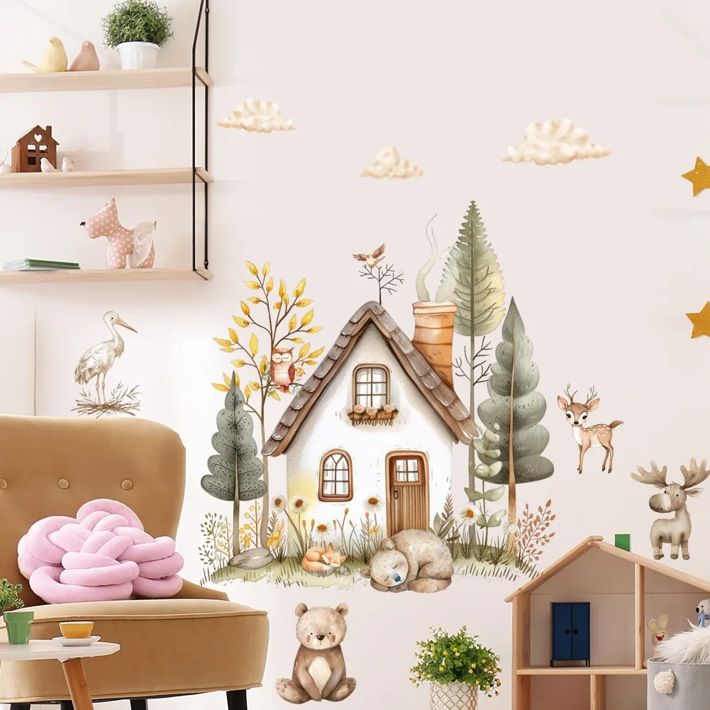 Watercolor Tree Wooden House Bear Wall Stickers Wall Stickers Home Decoration Suitable for Children's Rooms Kindergarten