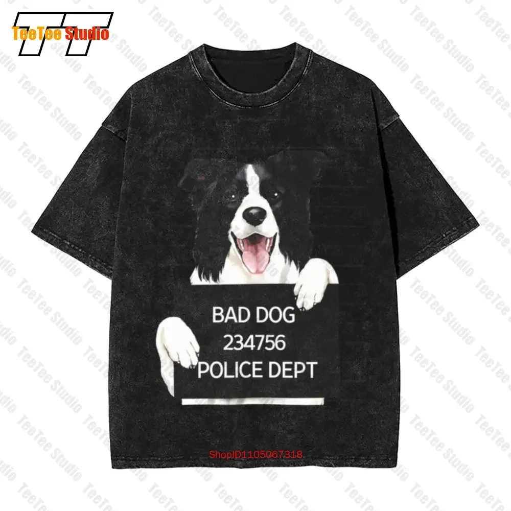 Cool - Border Collie Dog Mugshot Vintage Oversized T-Shirt NWAE