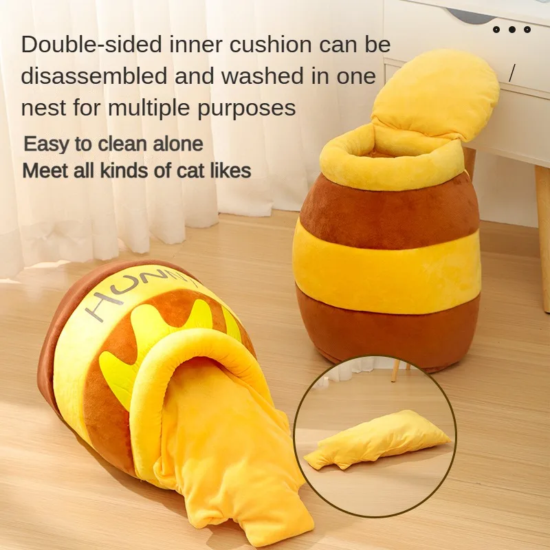 Cute Honey Pot Cat Bed Honey Jar Shape House Plush Cartoon Warm Pet Bed Cat Condo Mat Soft Pet House For Small Cats Dog