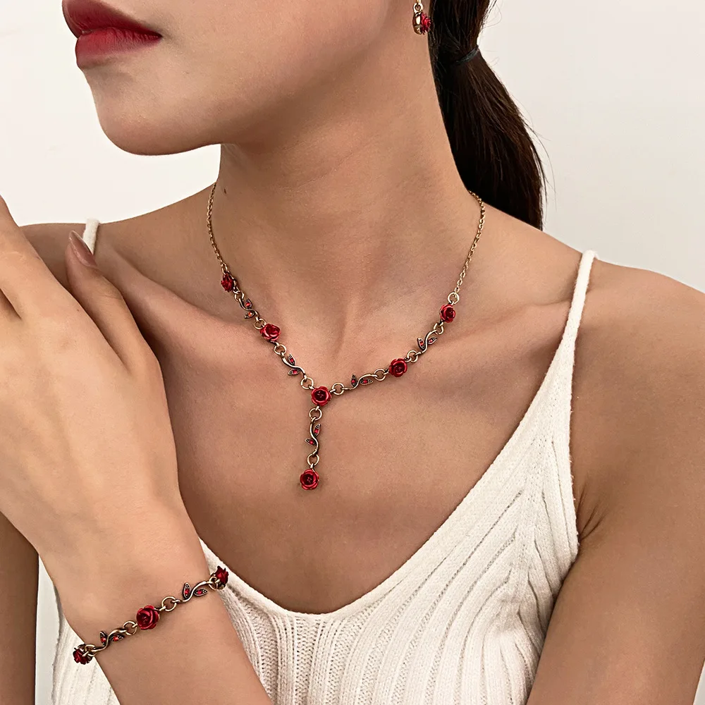 Vintage French Red Rose Flower Necklace Bracelet Set for Women Fashion Romantic Clavicle Chain Necklace Engagement Jewelry Gifts