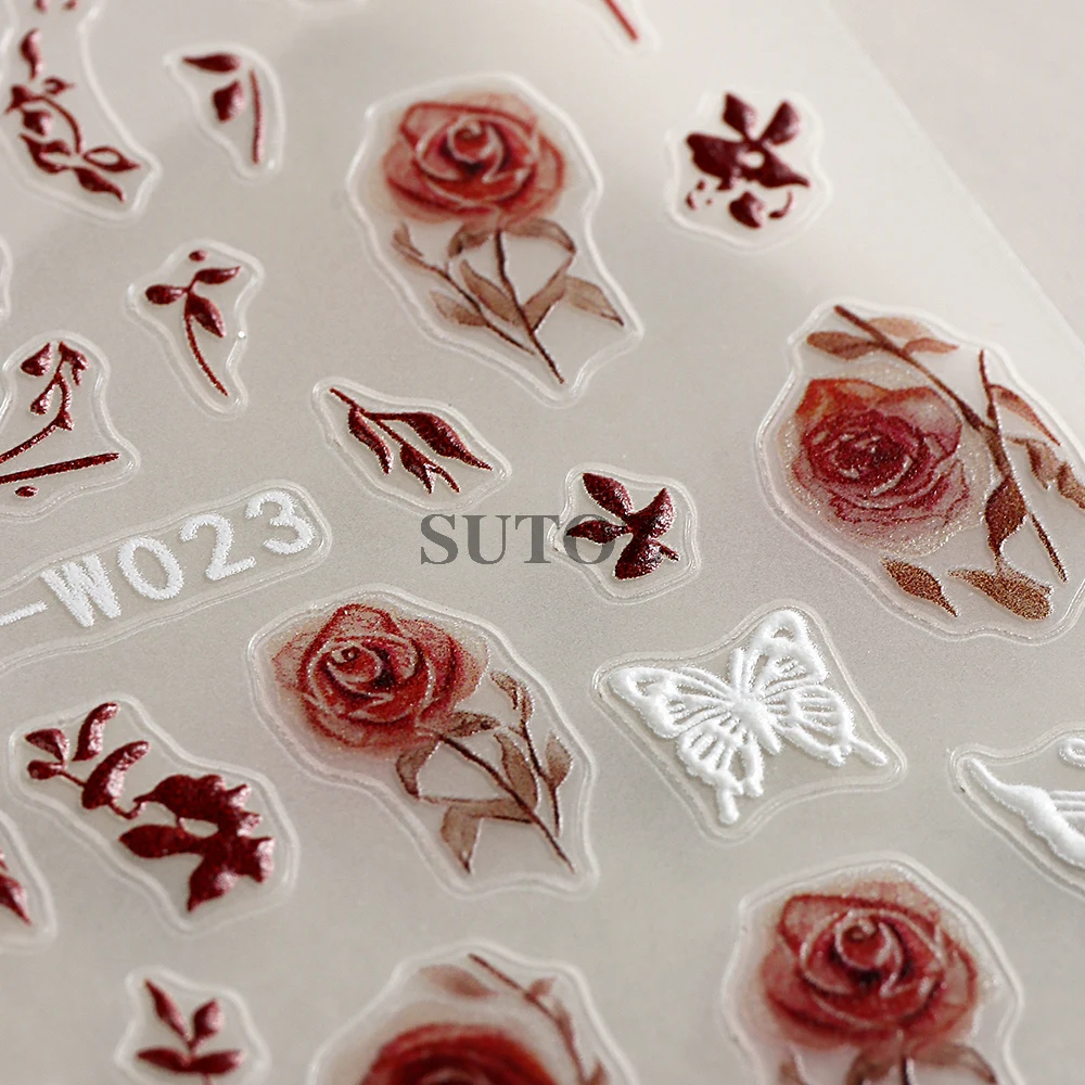 5d Rode Roos Nagelstickers Acryl Retro Bloemen Blad Witte Vlinder Nagel Sliders Mode Elegante Winter Manicure Decors LEBLB-W