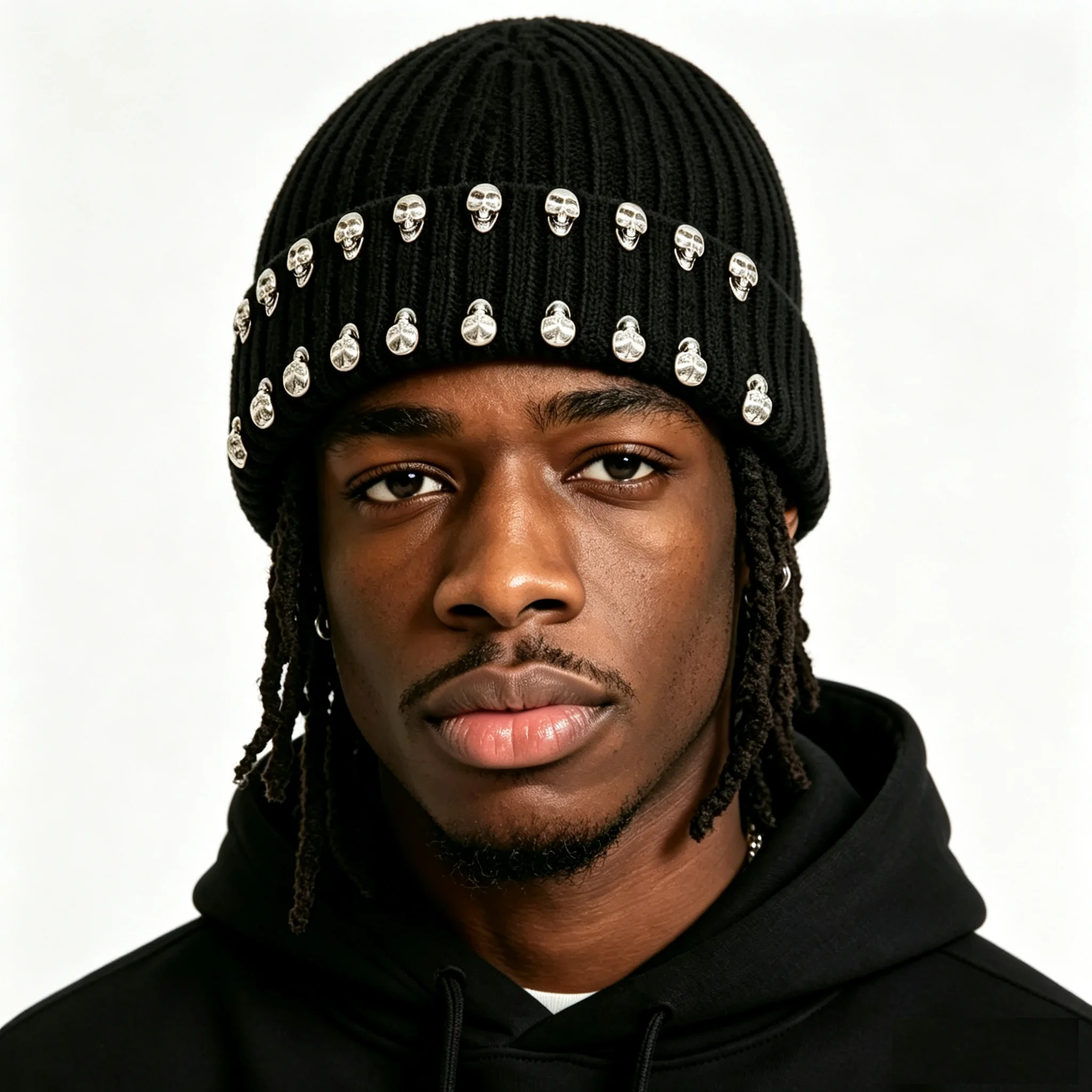 Autumn and Winter New European and American Street Fashion Personality Handmade Heavy-Duty Metal Skull Decoration Knit Hat, Same Style as Internet Celebrities, Unisex
