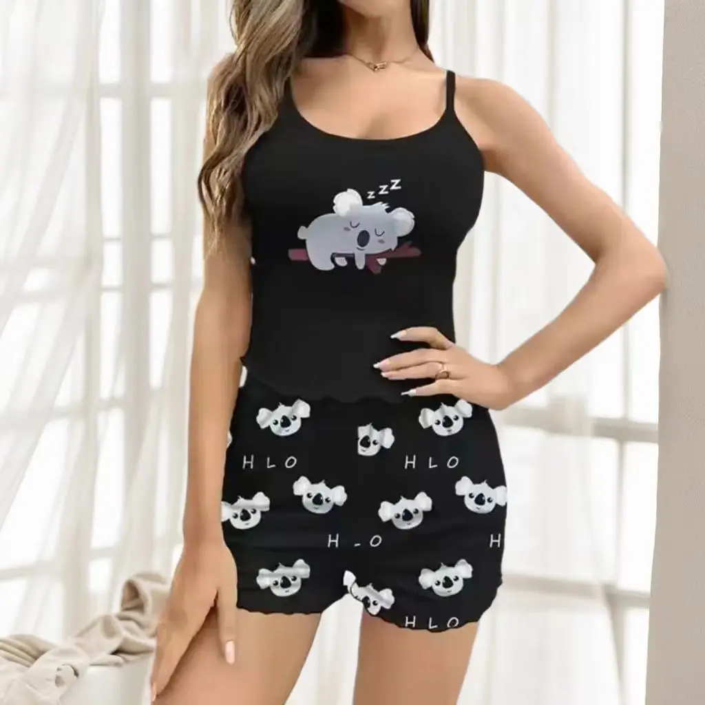 Women Pajamas Sleepwear Pajama Set Sports Camisole And Shorts S M L Black Cartoon Koala Print Ventilate Casual Soft Comfortable