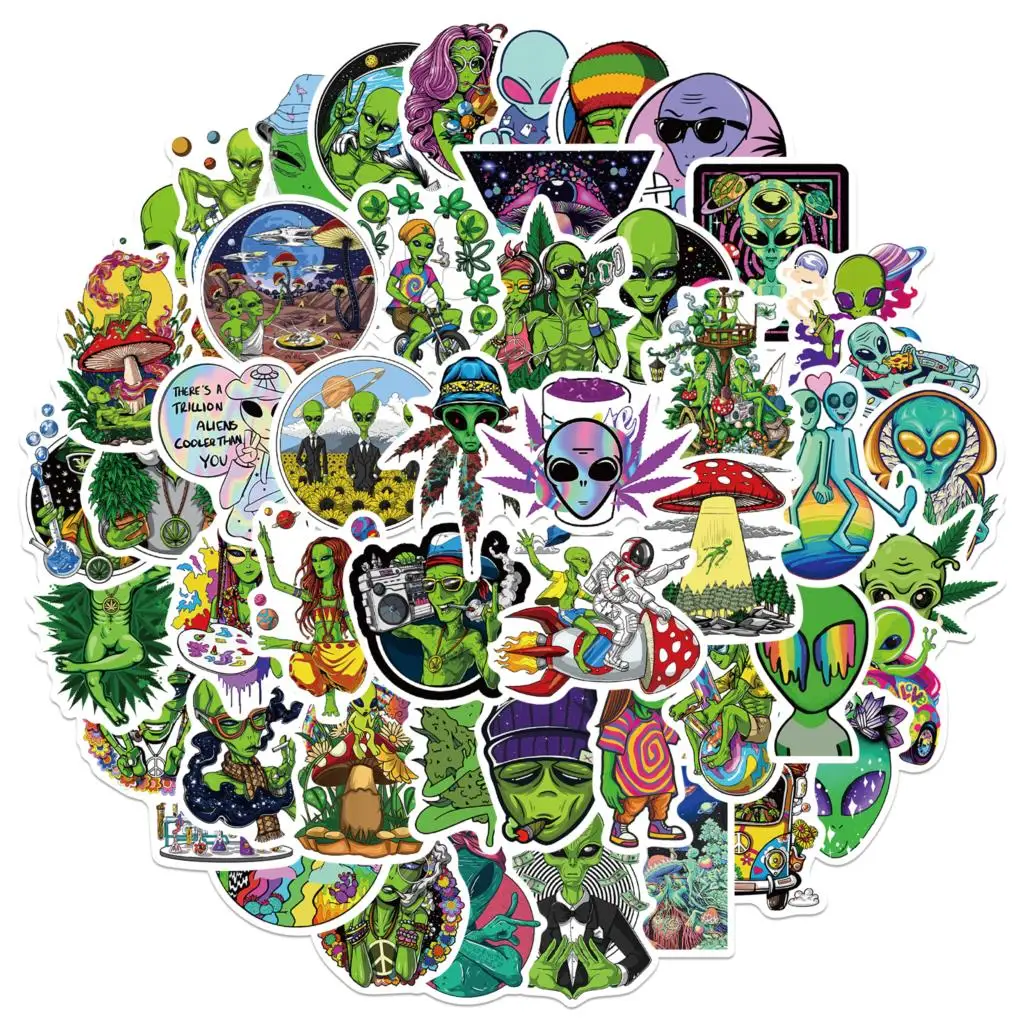 50PCS Psychedelic Weed Alien Sticker Funny Characters Leaves Graffiti Stickers Bike Travel Luggage Guitar Laptop Cool Sticker