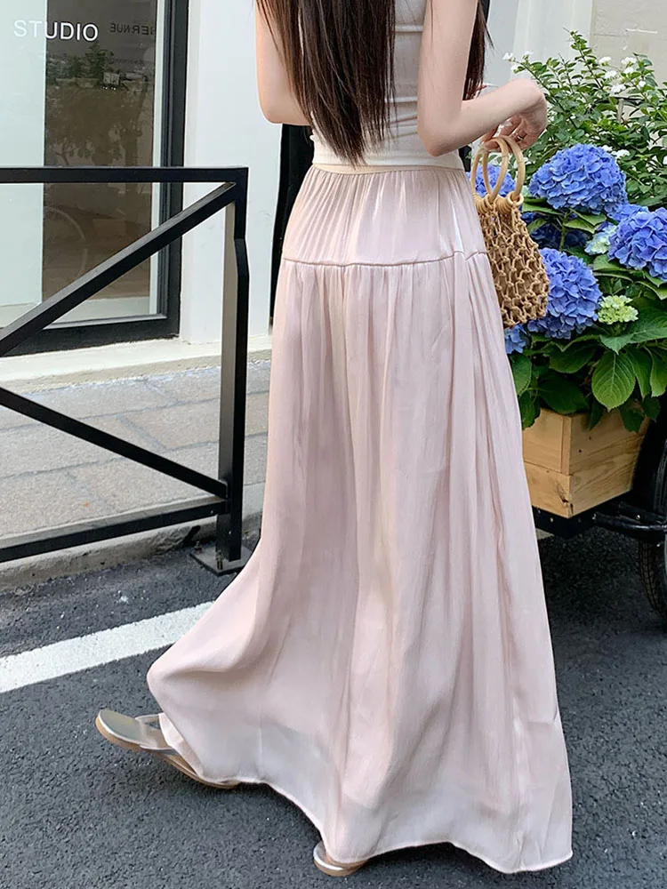 Fashion Elegant Long Skirt Women Spring Summer Chic Office Lady A Line Skirts Female High Waist Korean Folds Loose Casual Skirt - view 4