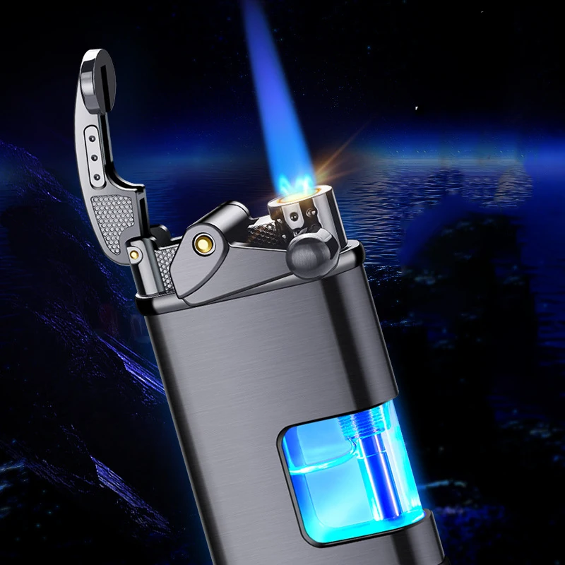 Outdoor Windproof Butane Gas Lighter Metal Rocker Ignition Turbo Torch Blue Flame Jet Unusual Cigar Lighter Men Gift