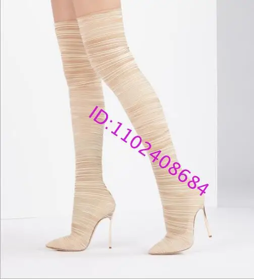 New Spiral Pattern Woman Stiletto Metal Heel Over The Knee Boots Fashion Woman Stretch Thigh High Boots Plus Size Custom Make