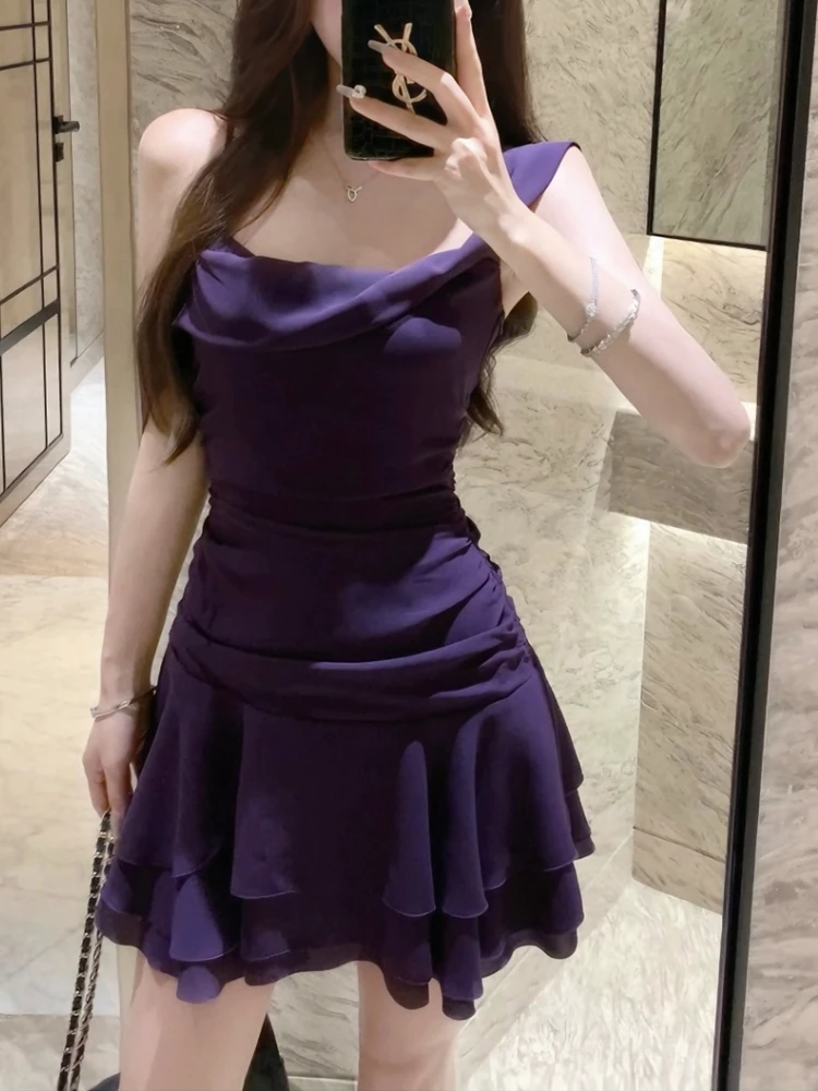 

Summer Sexy Purple Sleeveless Party Dress Women Fashion Y2k A-line Slim Streetwear Dresses Elegant Chic Pleat Waist Up New Dress