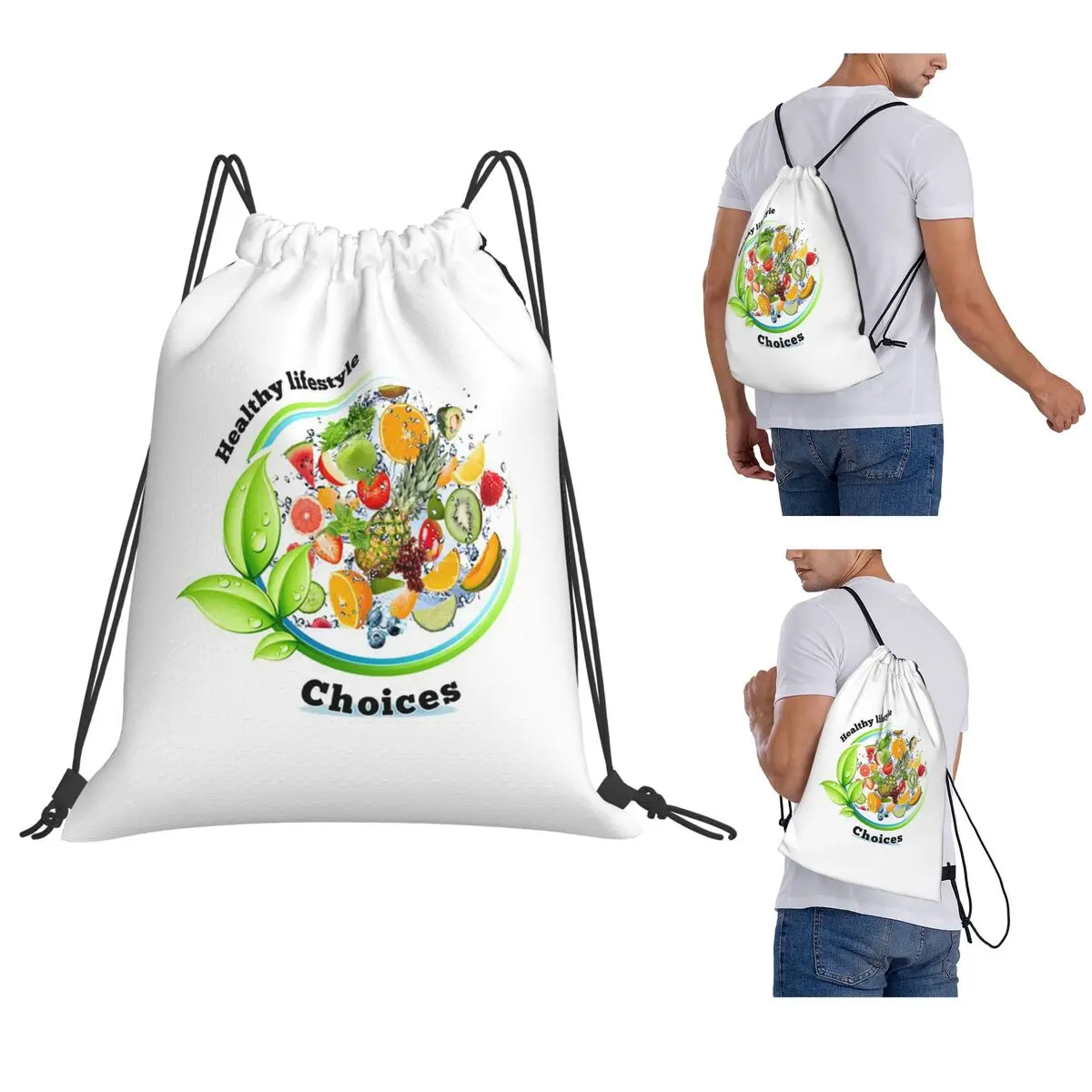 Healthy Lifestyle Choices Backpacks Fashion Drawstring Bundle Pocket Shoes Bag Book Bags for Man Woman Students