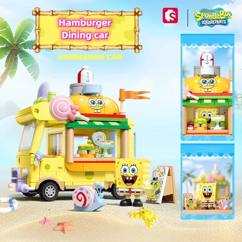 SEMBO Spongebob Squarepants Building Block Street View Dining Car Model Assembled Figure Ornament Children's Toy Gift