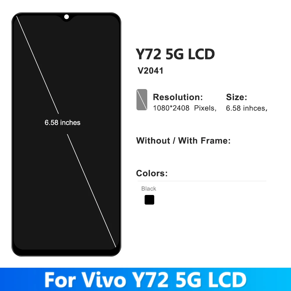 6.58\'\' Y72 5G LCD Display Screen For Vivo Y72 V2041 Display Touch Digitizer Assembly Replacement Parts With Frame