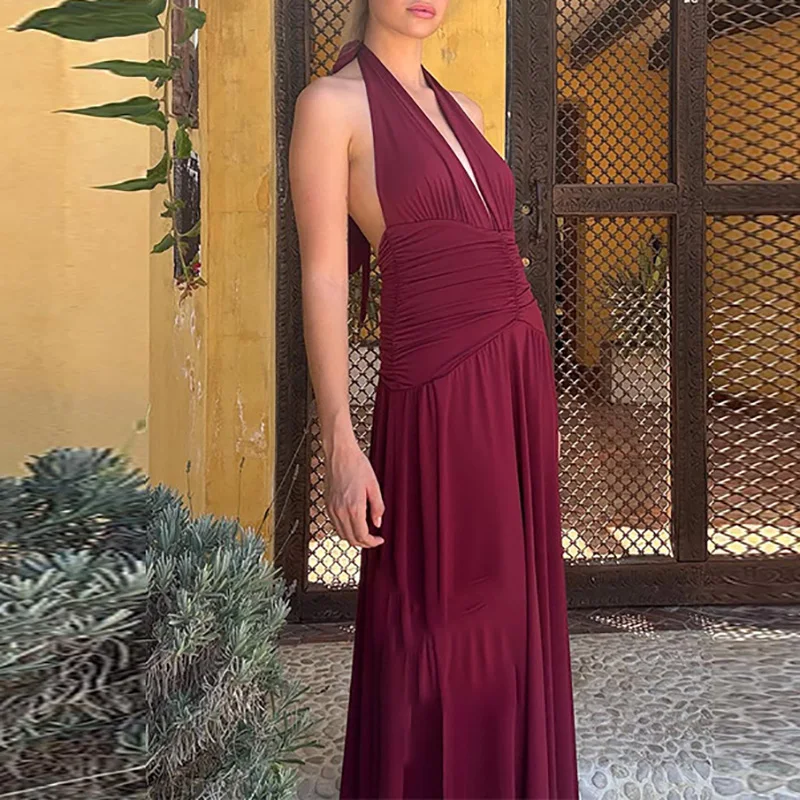 

Hot Girl Deep V-neck Suspender Dress Stylish Sleeveless Backless High Split Dress Elegant Ribbon Solid Evening Party Dress Lady