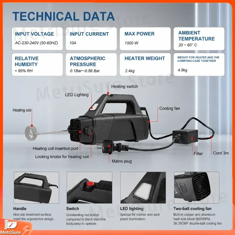1500W Flameless Induction Heater Portable Handheld Heating for Metal Forging Hardening Brazing Soldering Rust Removal