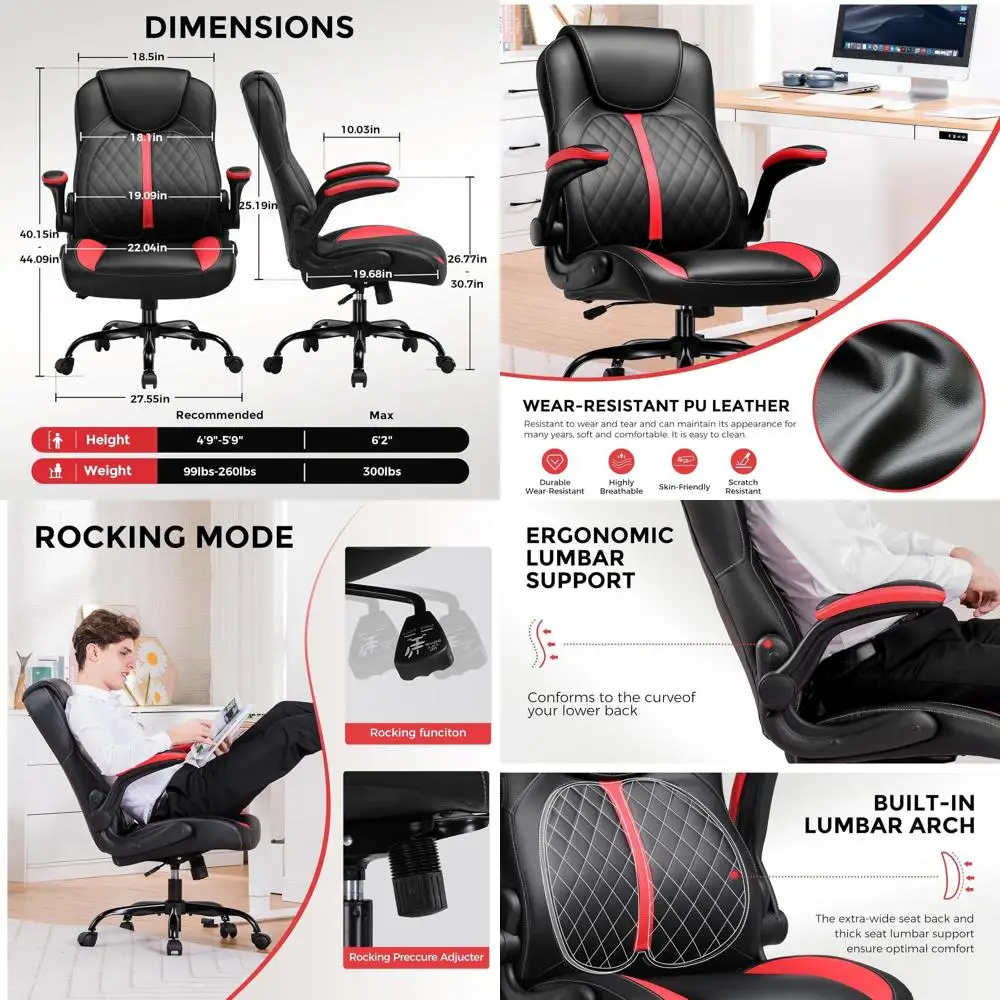 

Ergonomic Gaming Desk Chair with Lumbar Support, Adjustable Height, Flip-Up Arms, Swivel Wheels, PU Leather, Ideal for Short Adu