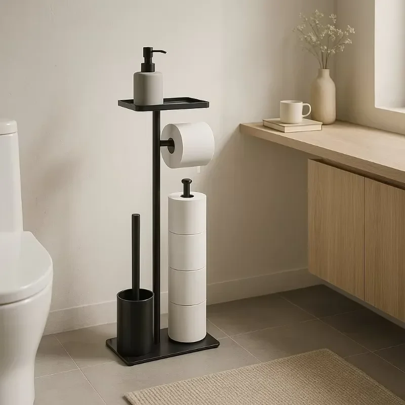 

Bathroom Floor Standing Tissue Holder Vertical Toilet Brush Holder Roll Paper Holder No Punching Required Bathroom Accessories