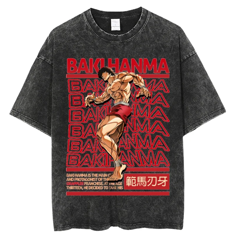 

Harajuku Vintage Washed T-shirt Anime Grappler Baki Kyokudai taikai Casual O-Neck Streetwear Short Sleeve Unisex T-Shirt