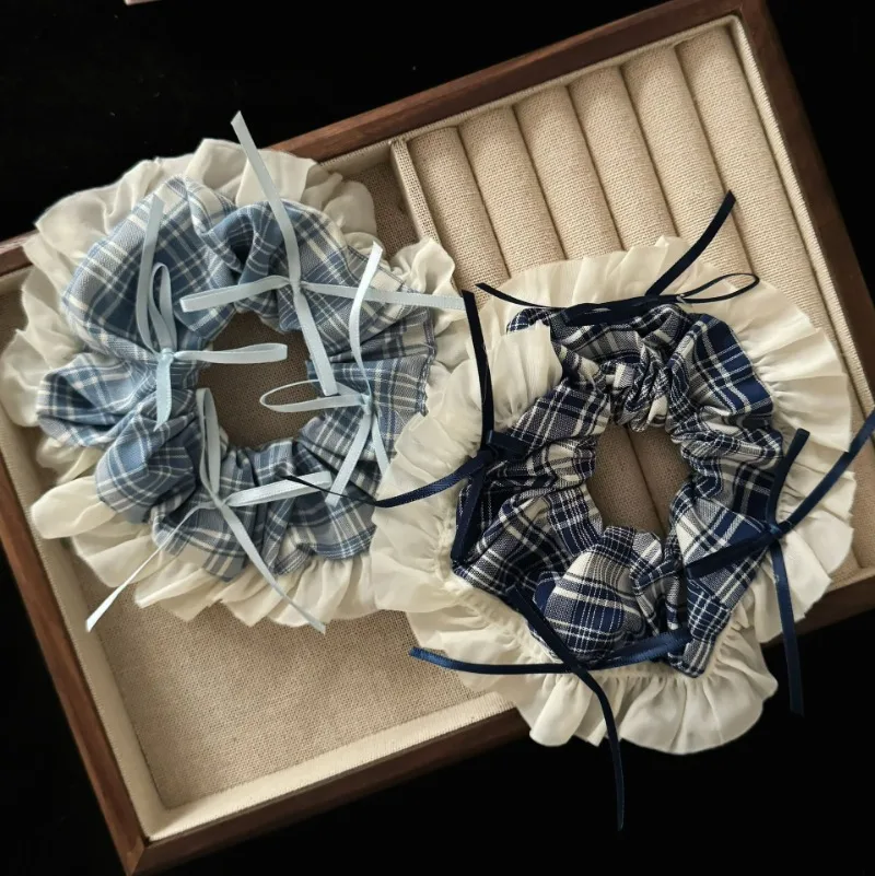 

Резинка для волос в клетку в корейском стиле с кружевной галстуком-бабочкой, густые резинки для волос премиум-класса для девочек, эстетические резинки для волос с бантом для хвоста