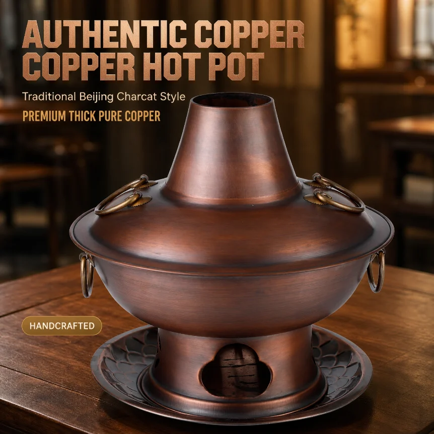 Thick Pure Copper Hot Pot Traditional Beijing Charcoal Fondue Pot Home Restaurant Lamb Shabu Cooking Stove Vintage Chinese Kitch