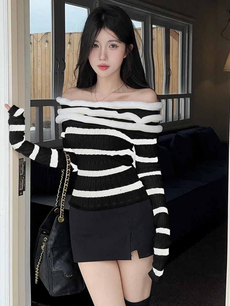 Korean Style Lazy Color Block Striped One Shoulder Slim Fit Knitted Sweater And  Skirt Set Sexy Short Sleeve Long Sleeve
