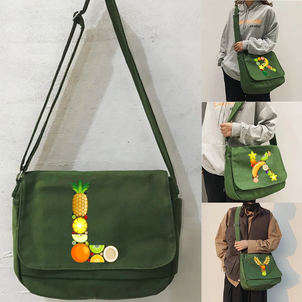 Large Capacity Shoulder Bags Women Crossbody Package Green Canvas Leisure Travel Messenger Bag fruit  Initial Name Series