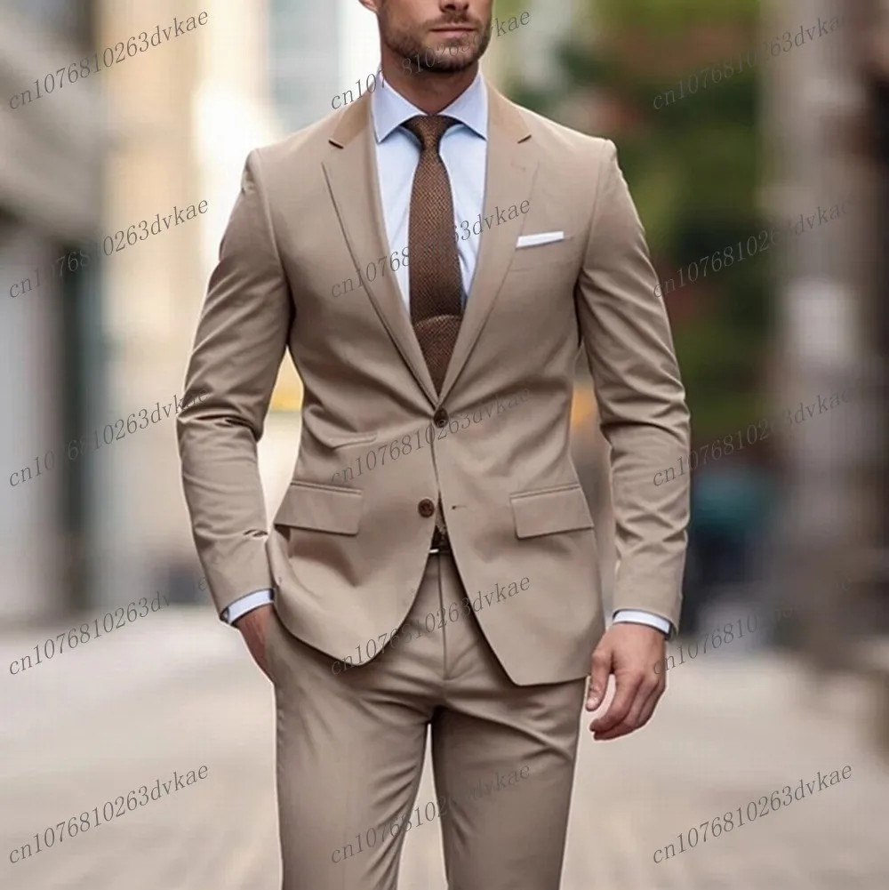 

Khaki Men Suit Groom Groomsman Wedding Party Prom Business Formal Occasion Costume Male Tuxedos 2 Piece Set Blazer Pants