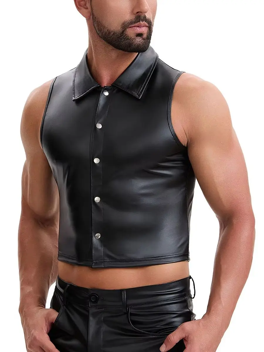 Men Wet Look PVC Single Breasted Tank Top Shiny PU Leather Waistcoat Weskit Tights Motorcycle Punk Vest Sleeveless Shirts Tops