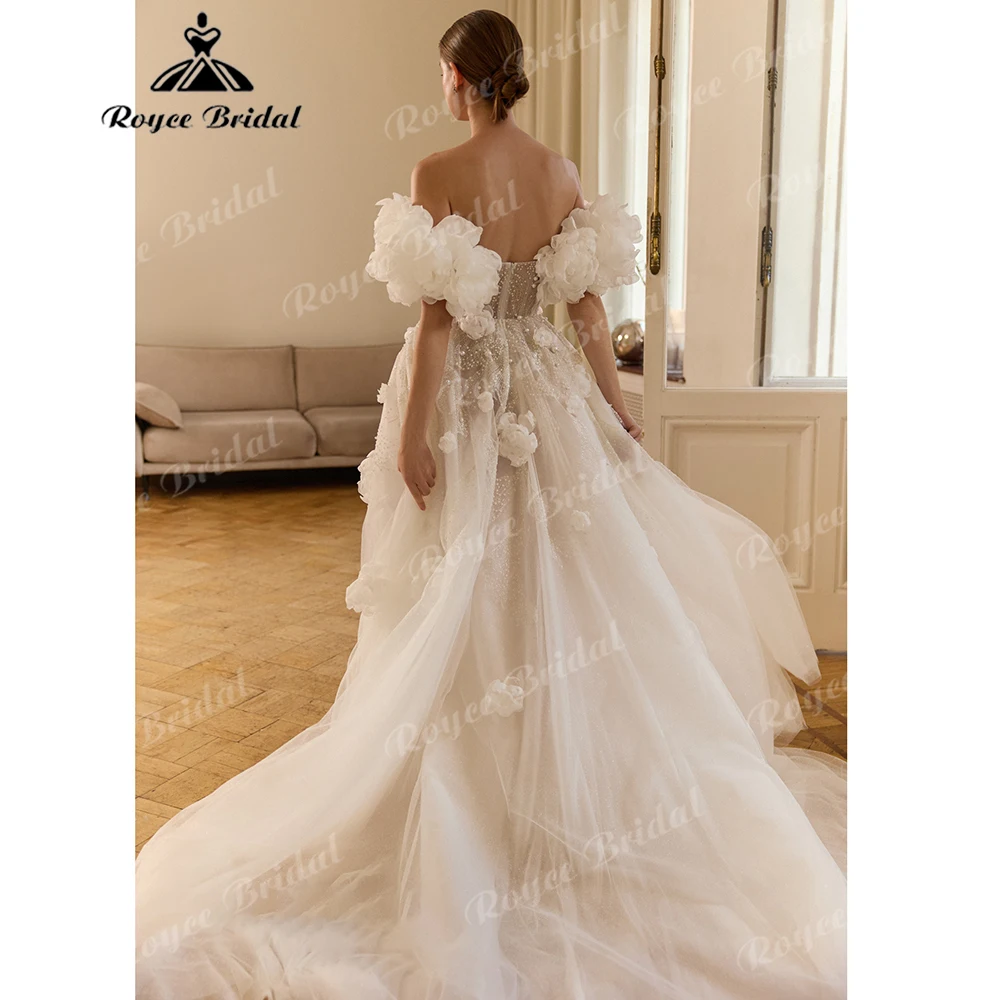 Off-the-Shoulder 3D Floral Wedding Dress Beaded Glitter Tulle Ball Gown Ball Gown with  Removable  Puff Sleeves  Customized