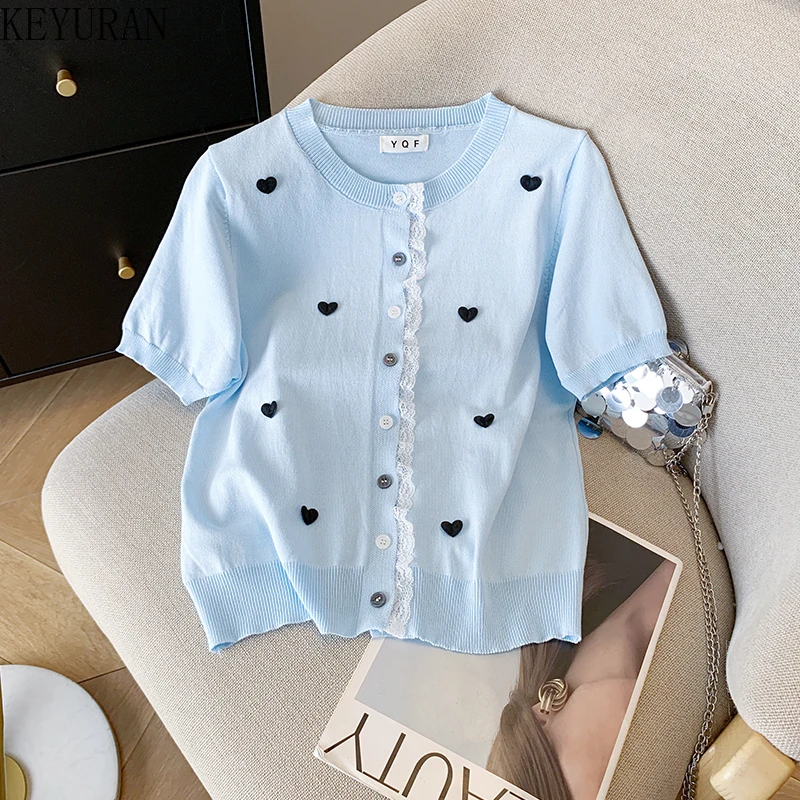 

2025 Summer New Lace Love Ice Silk Knitted Cardigan Women T-shirt Sweet Single Breasted Short Sleeve Sweater Mujer Knitwear Tops