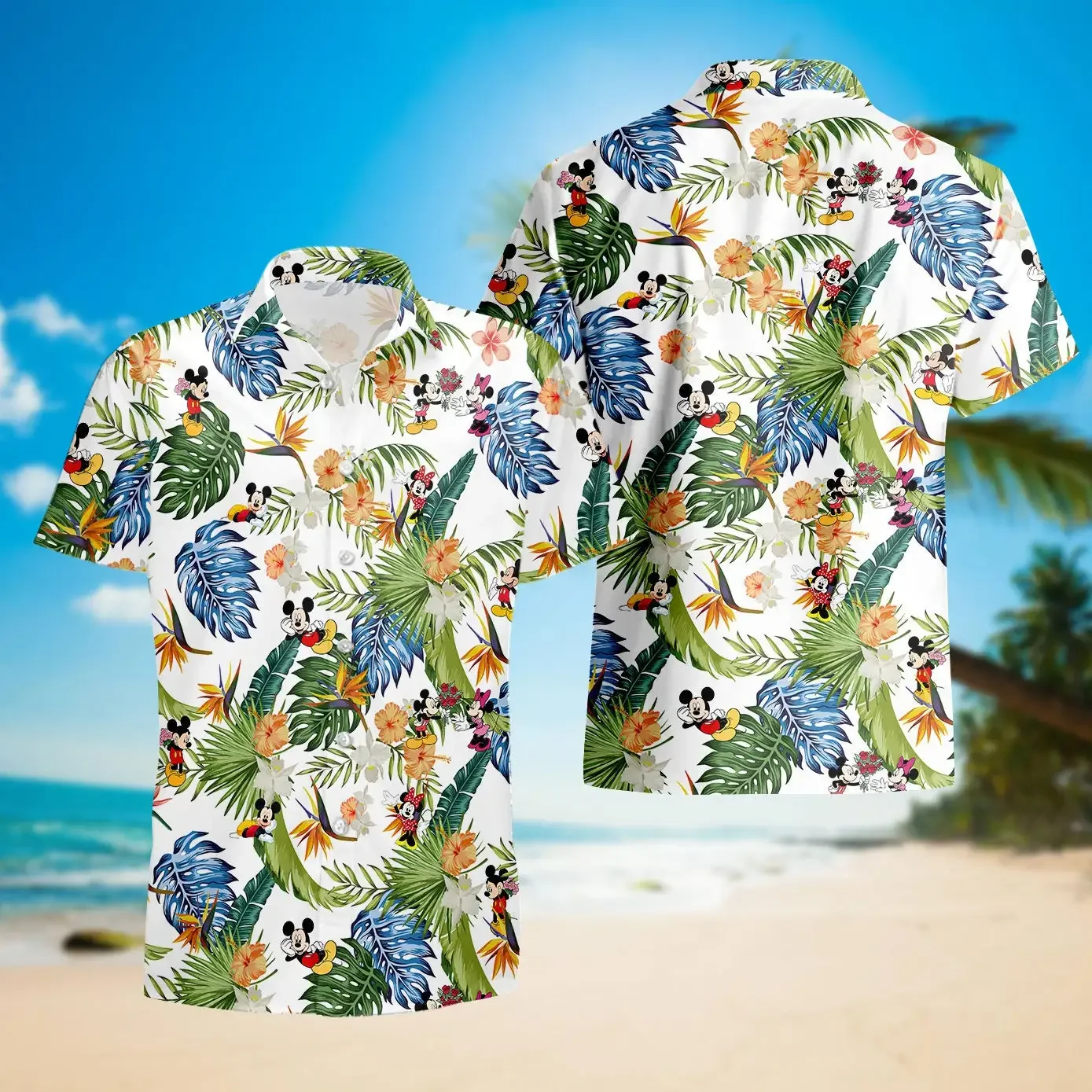 Camisa hawaiana de dibujos animados de Mickey y Minnie Mouse para hombres, camisa hawaiana de Disney