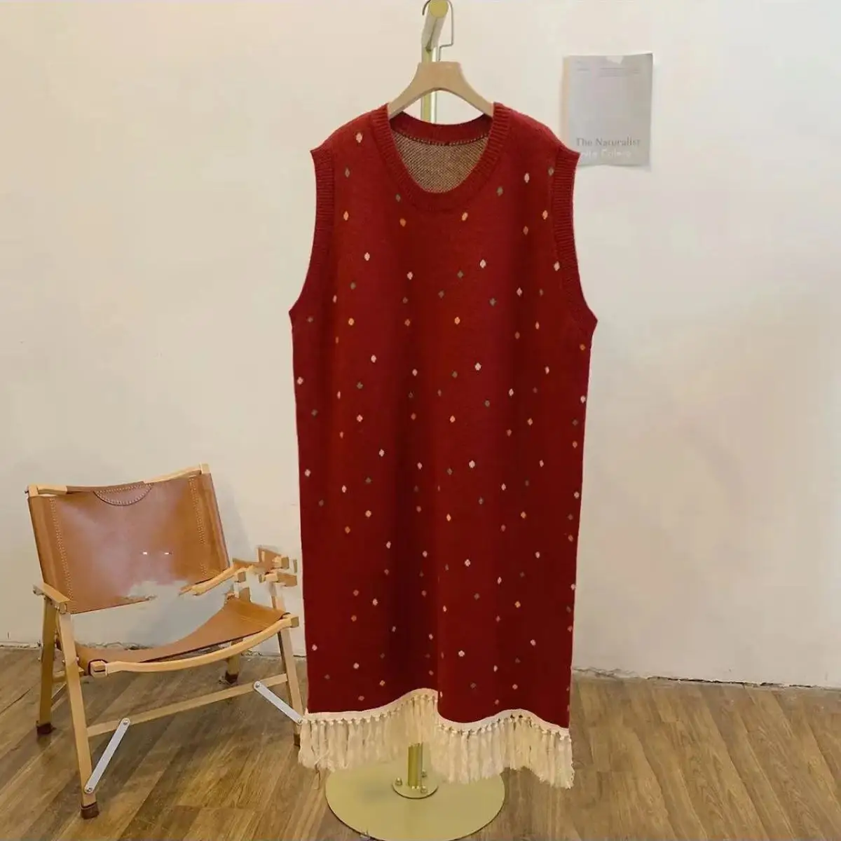 

Knitted Sleeveless Dresses Woman Maxi Womens Autumn-Winter Pocket Flaps Lapel Symbol High Collar Longline Work Chunky Decoration