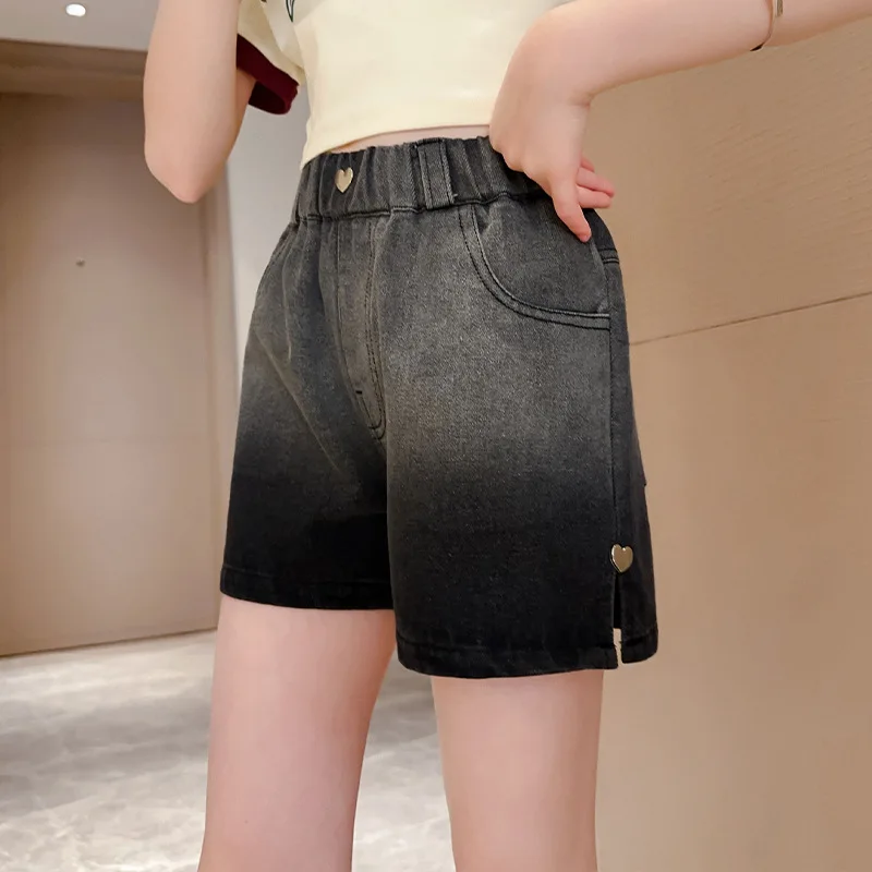 Summer Gradient Black Mini Denim Shorts for Tweens Girls Y2K Casual Side Slit Kids Pants in Multiple Sizes 5-14 Years