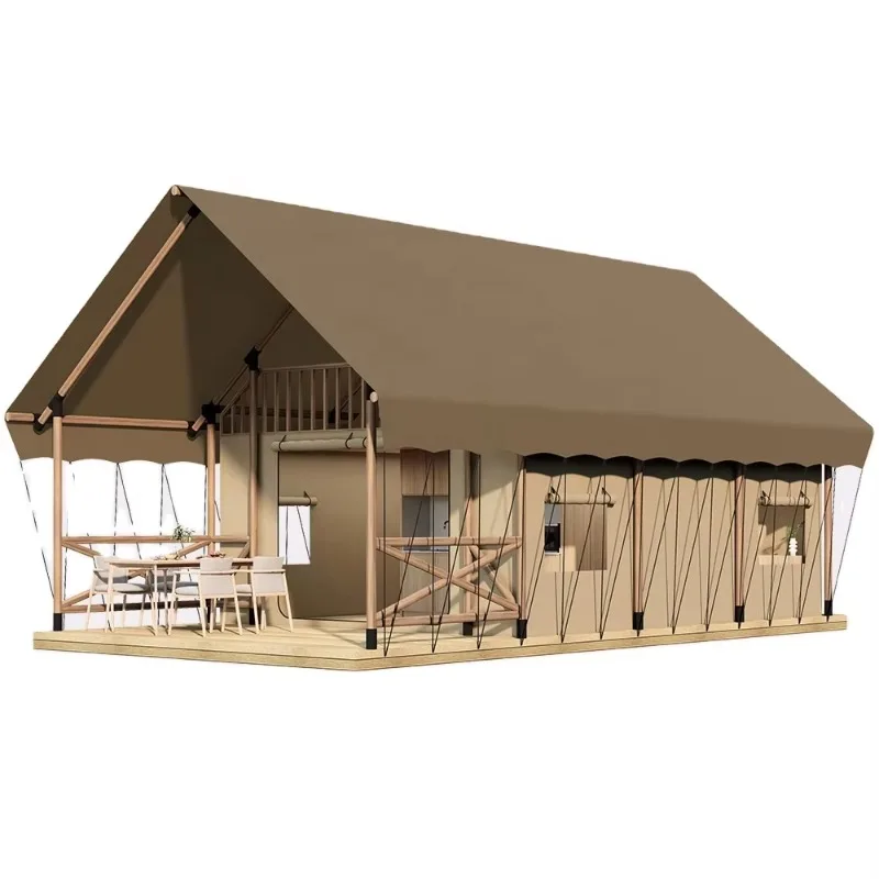 Una tienda de campaña de dos pisos con dos habitaciones y una cocina es ideal para retirojes en la naturaleza y tiendas de safari aisladas.