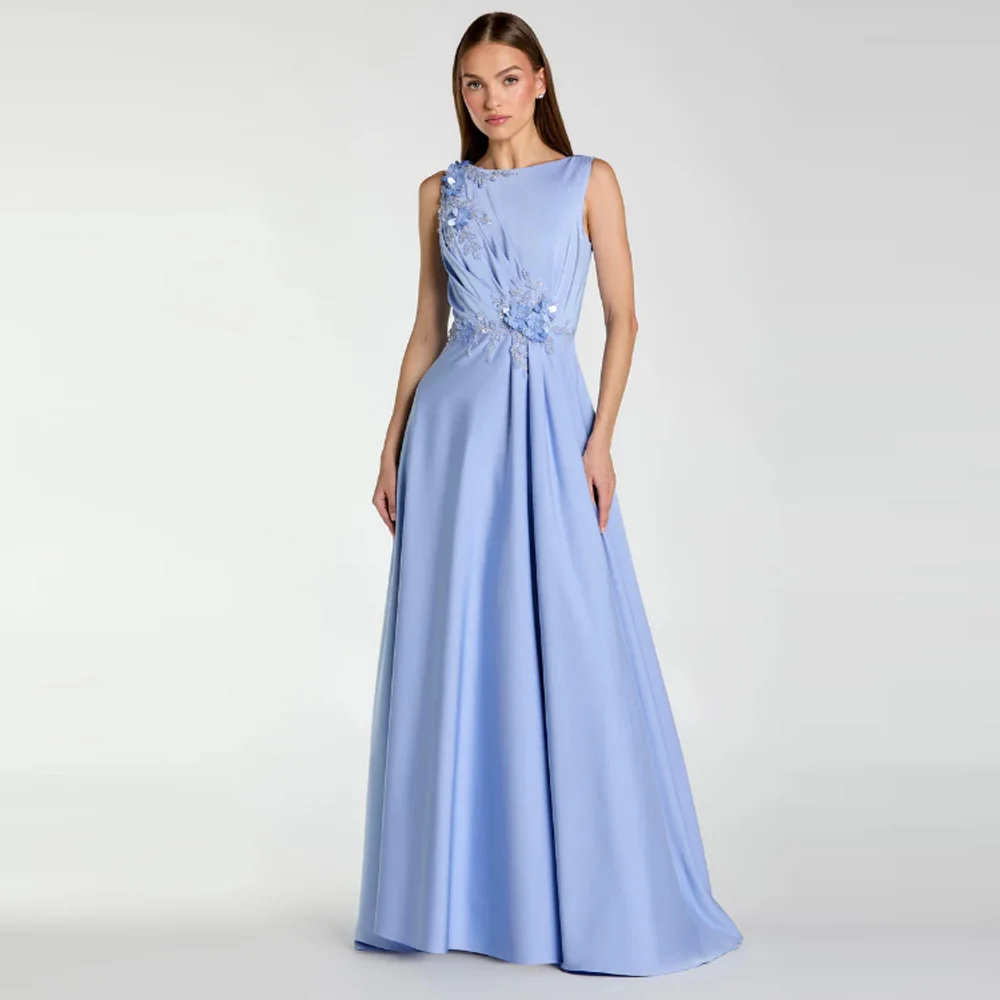 Customized  Charmeuse Sash Pleat Flower Beading Mother of The Bride Dress A-line Scoop Neck Long Wedding Guest Gown  Classic