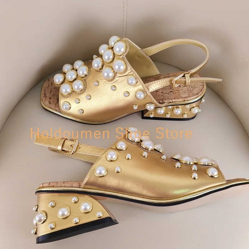 Luxury Pearl String Bead Square Toe Vintage Sandal Fashion Slingback Buckle Strap Square Pearl Embellished Heel Gladiator Sandal