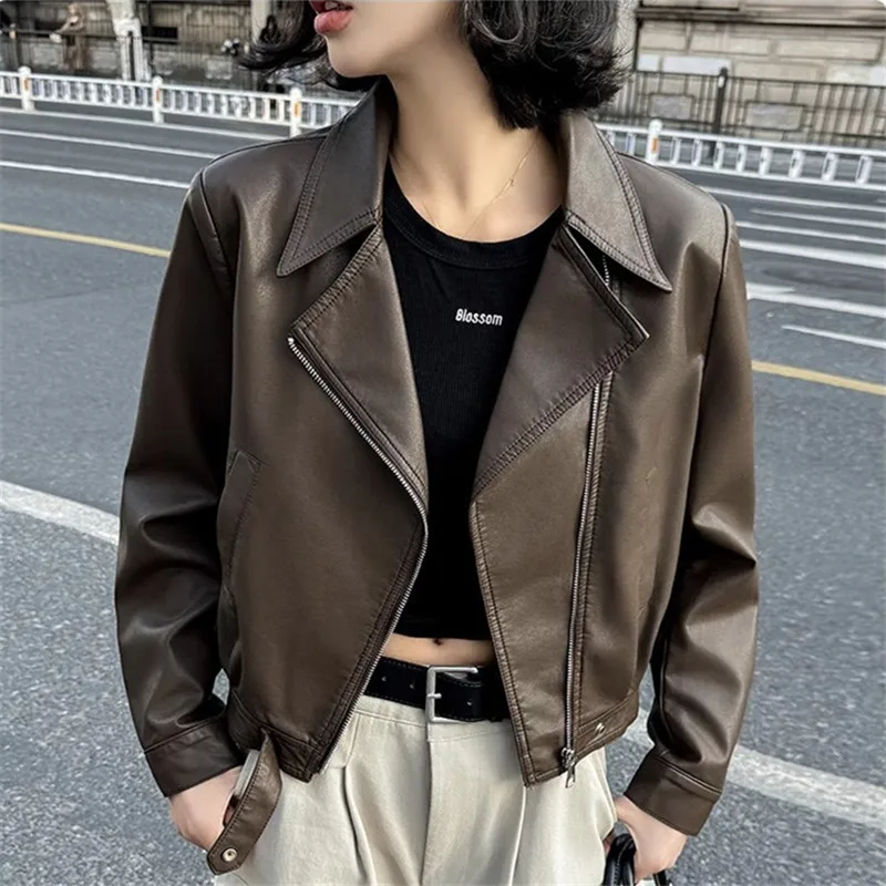 Korean Beige Black Slim Short Faux PU Leather Coat Autumn Women New Lapel Long Sleeve Imitation Leather Biker Jacket Streetwear