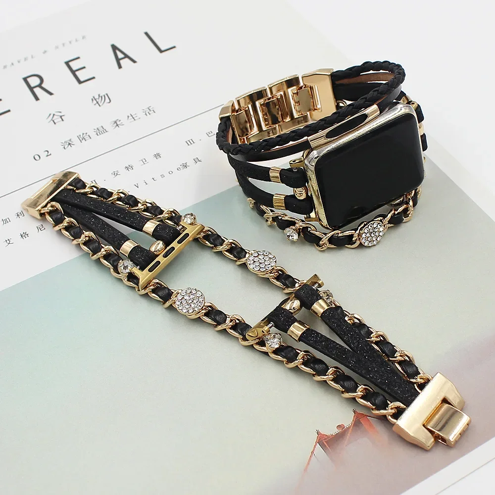 Suitable for Apple Watch Strap 38mm 40mm 41mm 42mm 45mm Black Fashion Rhinestone Woven Chain Leather Strap Bracelet Gifts