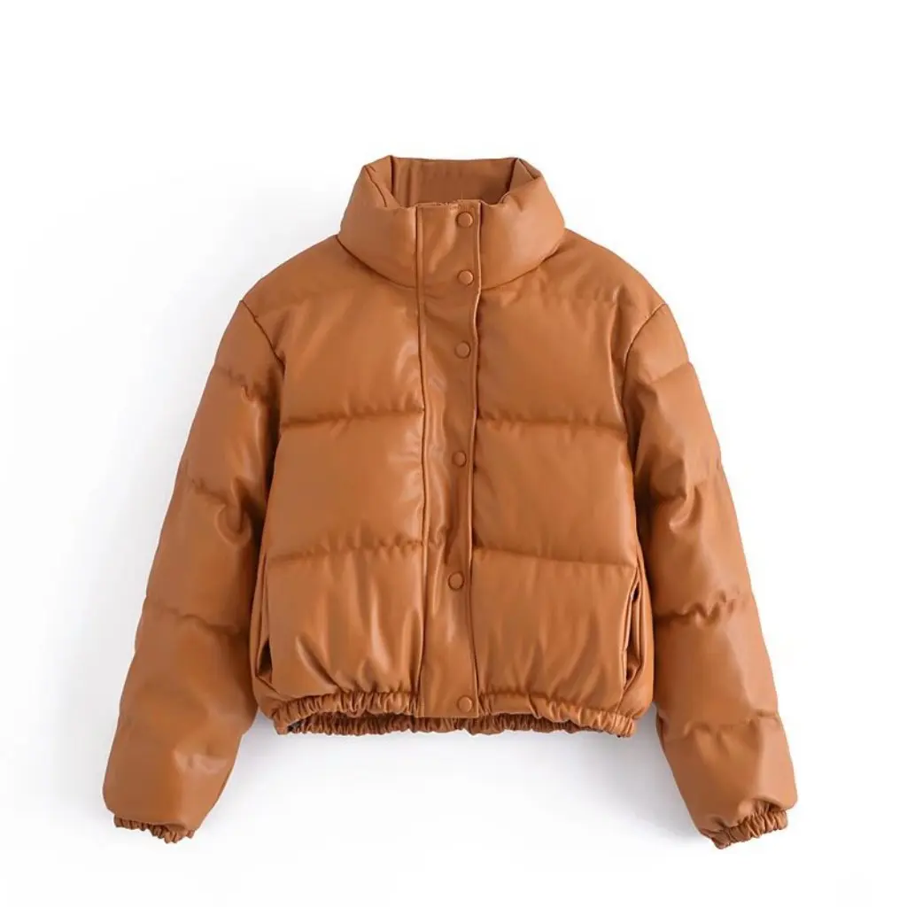 

Women's Retro PU Leather Cotton-Padded Coat Thick Warm Stand Collar Bread Style Autumn Winter European American Fashion