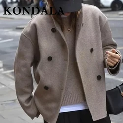 KONDALA Fashion 2025 Fall Winter Women Casual Solid Woolen Coat Office Lady Loose Double Breasted Turtleneck Demi-season Jacket