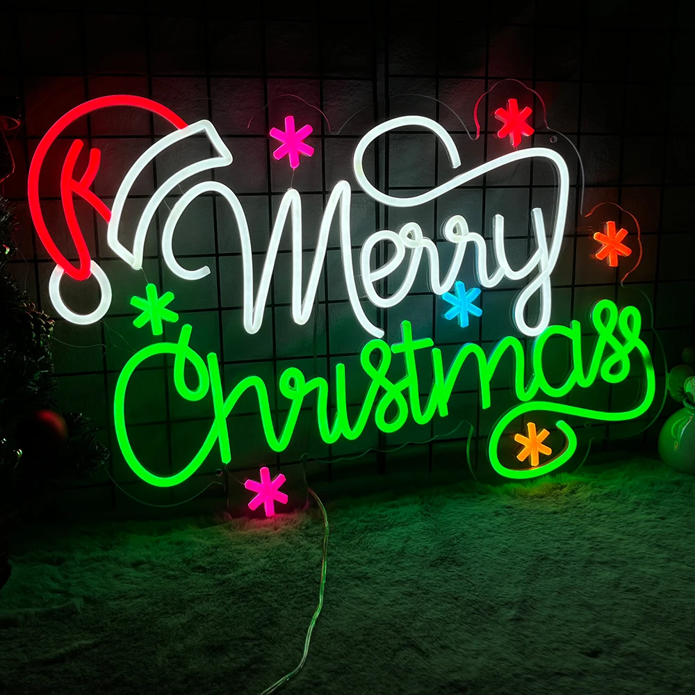 Merry Christmas Neon Sign Snowflake Christmas Hat LED Light Living Room Personalized Adjustable Brightness Decor Party Gift