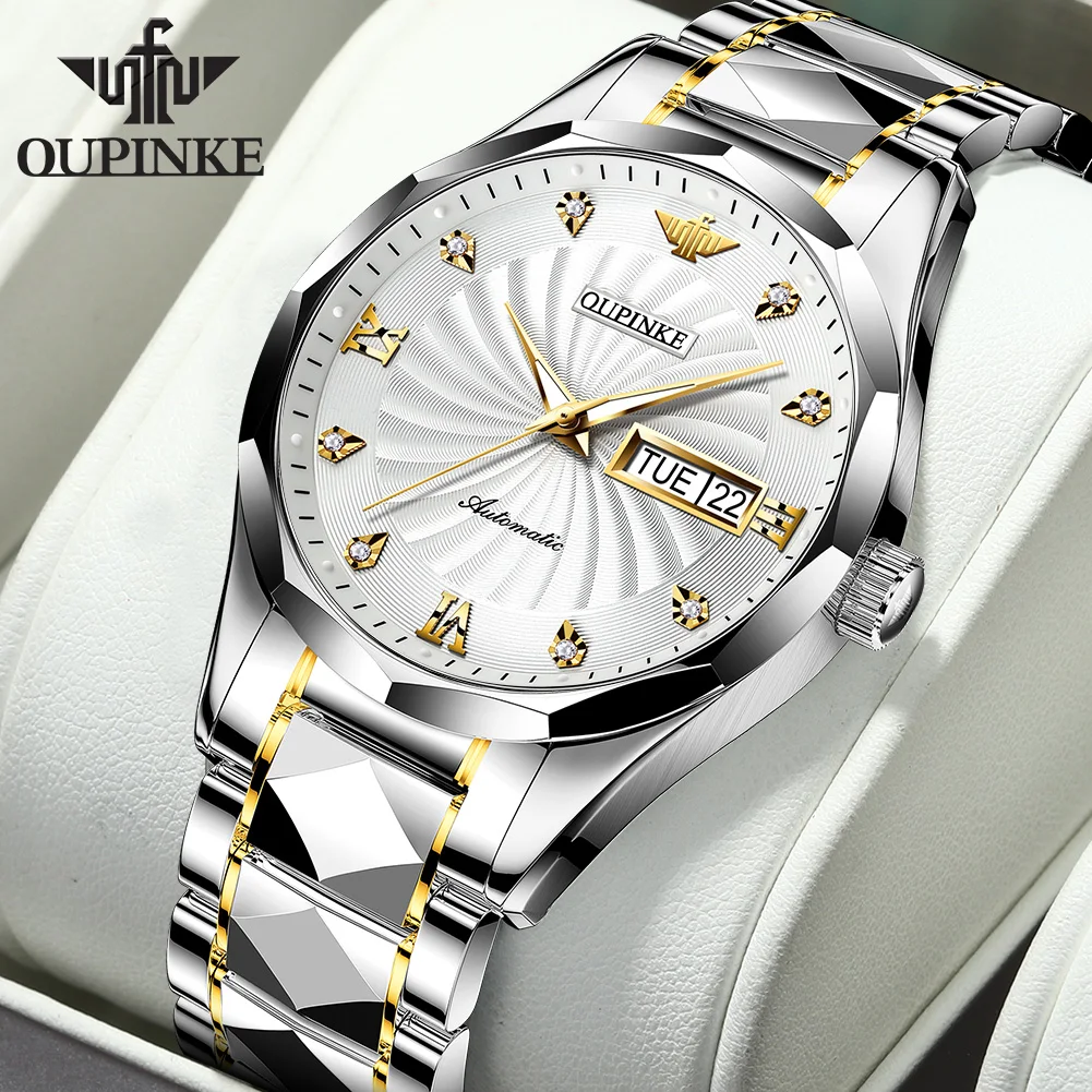 OUPINKE 3169 High Quality Luxury Mens Watch  Automatic Mechanical Wristwatch 50M Waterproof Day Date WatchTungsten Steel Gifts