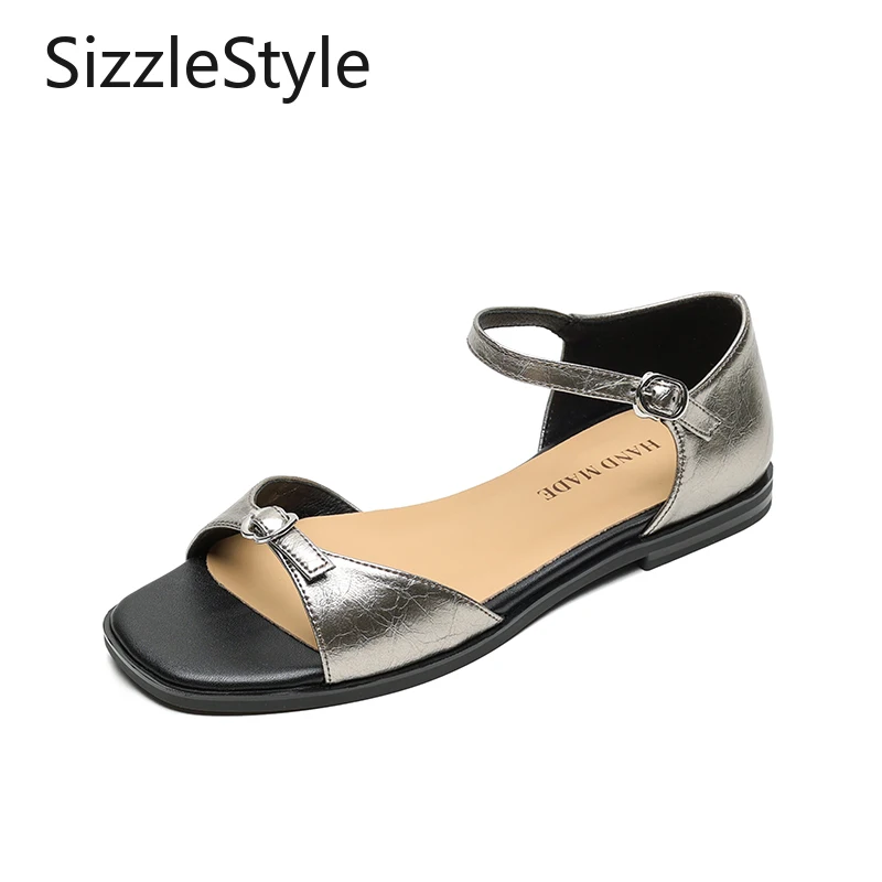 Sandalias cuadradas con punta abierta de cuero francés hechas a mano para mujer, tacón plano de 1,5 cm, hebilla de una sola correa, suela Flexible, bronce, color burdeos y Beige